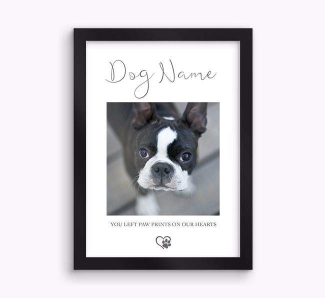Paw prints on our hearts: {breedFullName} Personalised Photo Upload Framed Print 